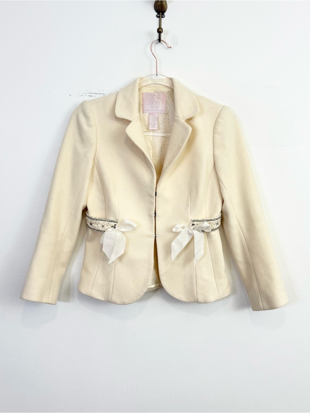 Rebecca Taylor Ivory Wool Blend Cropped Blazer Jacket Bow Detail Y2K Size 2
